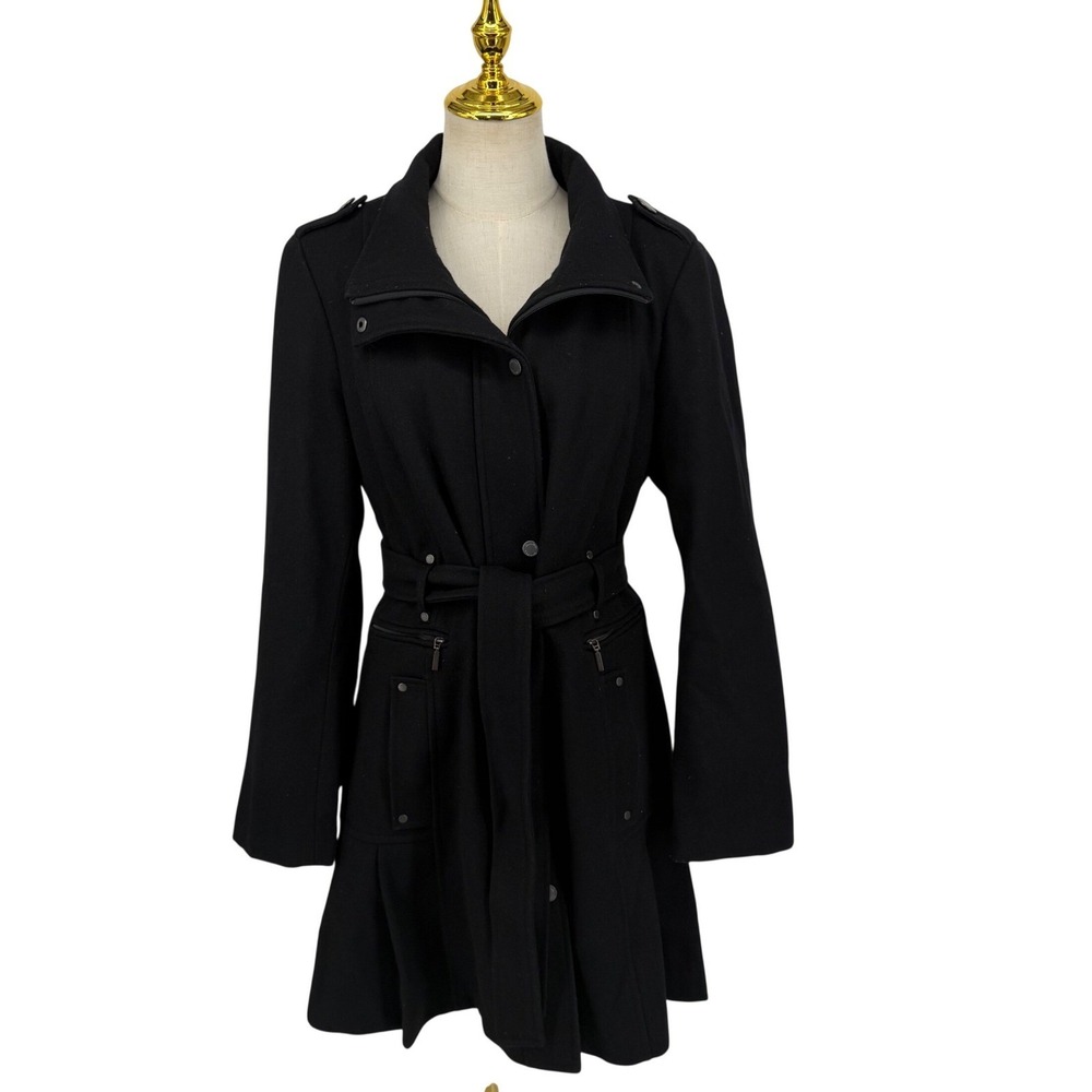 Calvin Klein Classic Trench Coat Women L Black Wool Blend Pleated Hem Belted